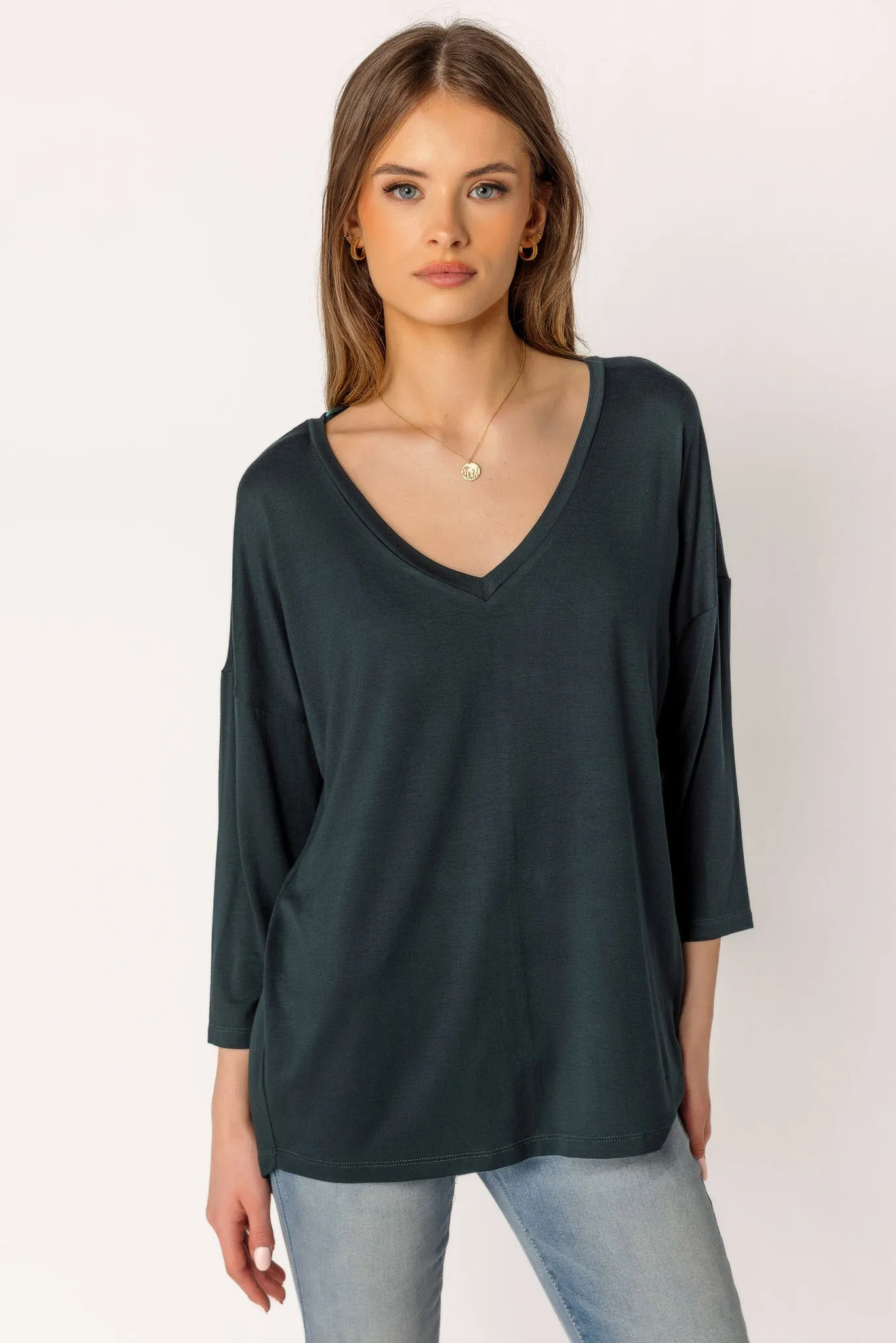 3/4-Sleeve V-Neck Tunic with Dolman Sleeves