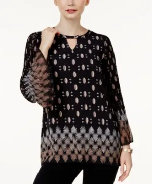 Alfani Printed Bell-Sleeve Tunic Neutral XS