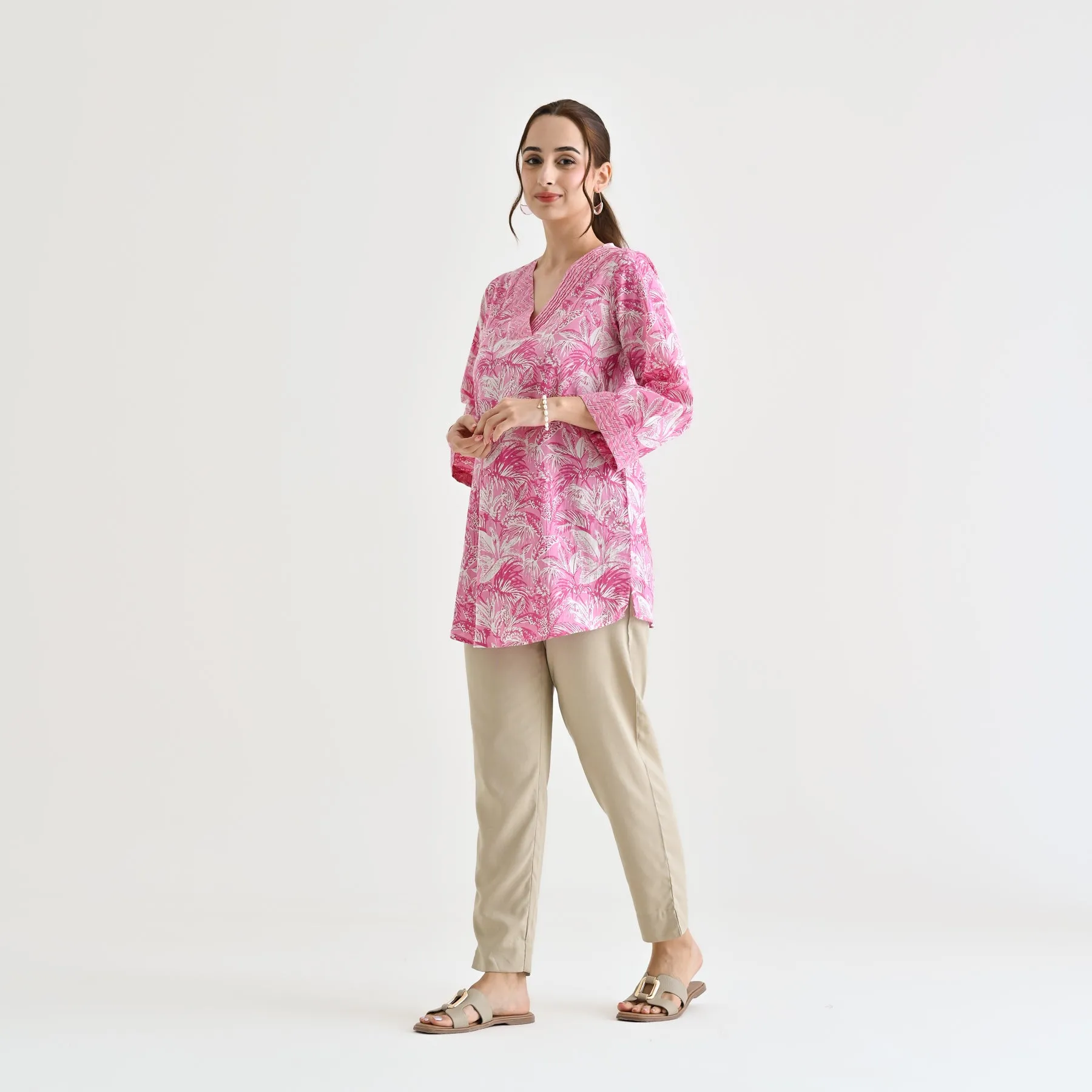 Baby Pink Abstract Printed Sanganeri Cotton Tunic with Pintuck Neckline Detail