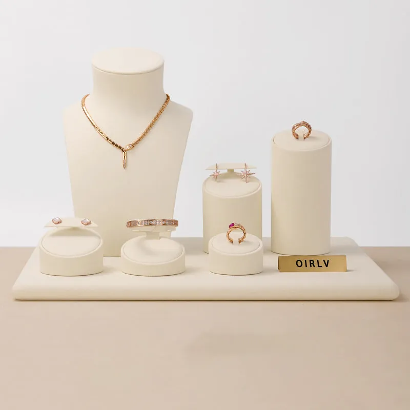 Beige Microfiber Ring Earrings Jewelry Display Set TT155