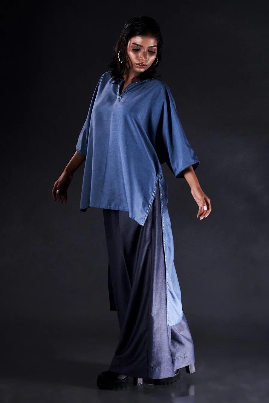 Blue Embroidered High-Low Top & Pant Co-Ord Set