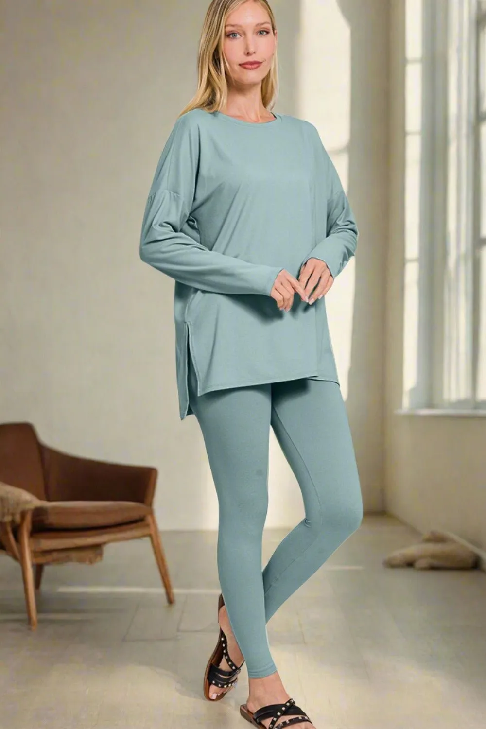 Brushed Microfiber Top and Leggings Lounge Set in Blue Grey