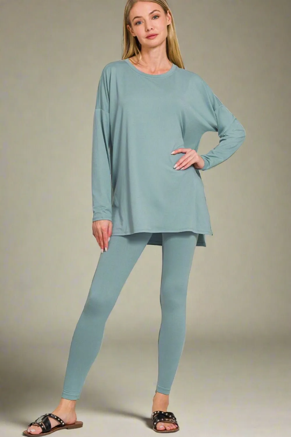 Brushed Microfiber Top and Leggings Lounge Set in Blue Grey