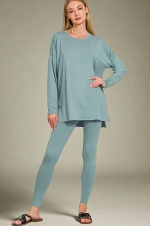 Brushed Microfiber Top and Leggings Lounge Set in Blue Grey