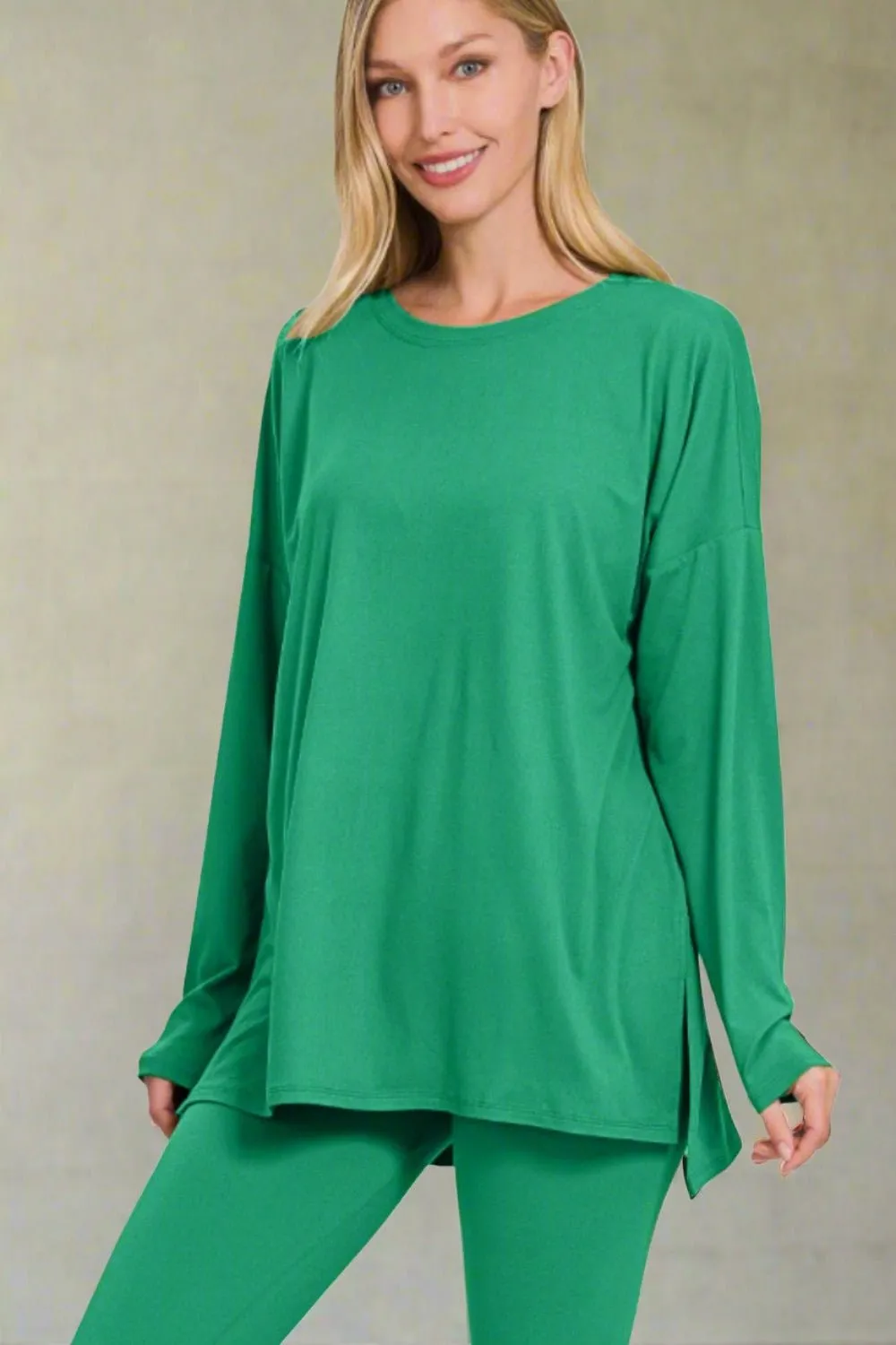 Brushed Microfiber Top and Leggings Lounge Set in Kelly Green
