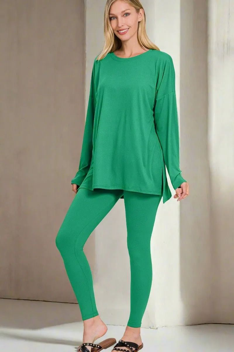 Brushed Microfiber Top and Leggings Lounge Set in Kelly Green