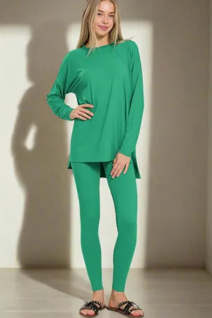 Brushed Microfiber Top and Leggings Lounge Set in Kelly Green