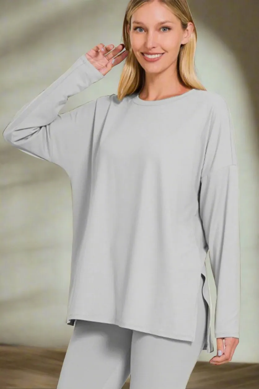 Brushed Microfiber Top and Leggings Lounge Set in Light Grey