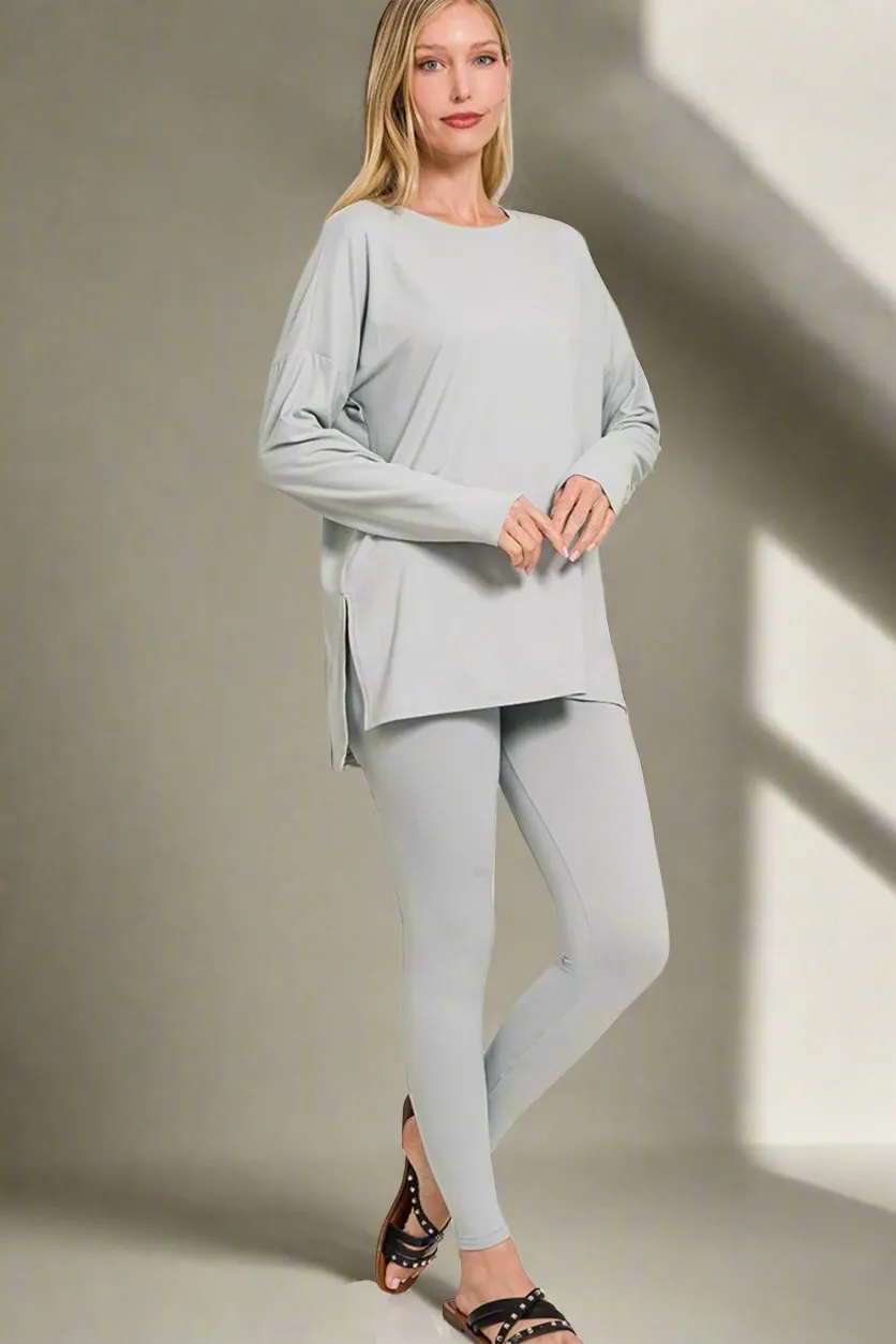 Brushed Microfiber Top and Leggings Lounge Set in Light Grey