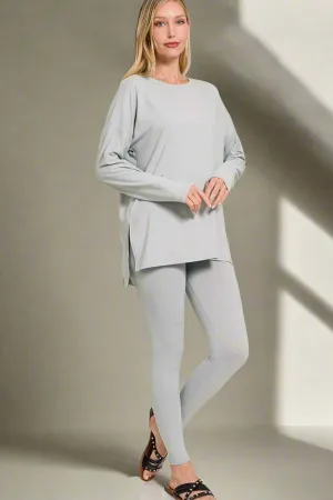 Brushed Microfiber Top and Leggings Lounge Set in Light Grey