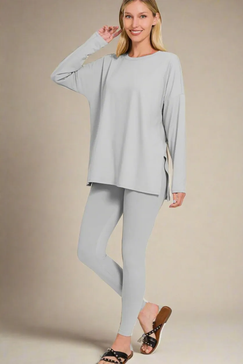Brushed Microfiber Top and Leggings Lounge Set in Light Grey