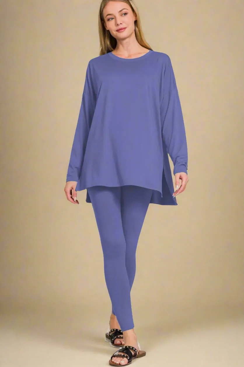 Brushed Microfiber Top and Leggings Lounge Set in Marlin