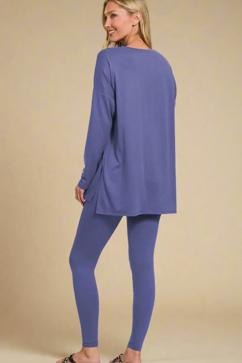 Brushed Microfiber Top and Leggings Lounge Set in Marlin