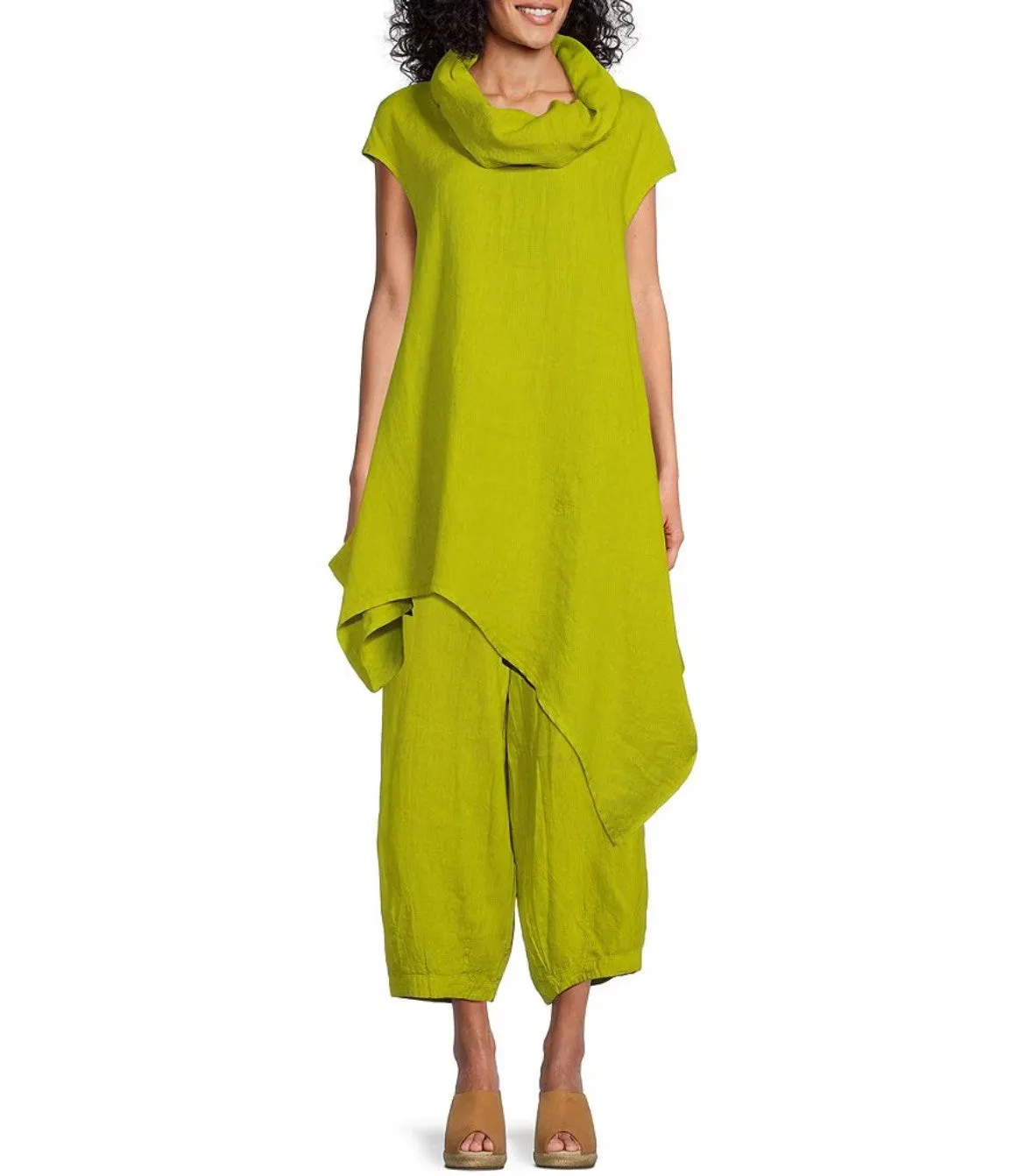 Bryn Walker Noa Light Linen Draped Cowl Neck Short Sleeve Asymmetric Tunic Set