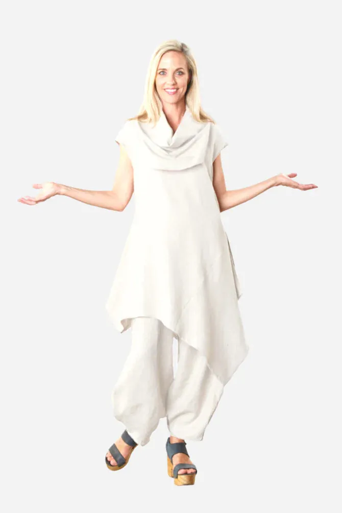 Bryn Walker Noa Light Linen Draped Cowl Neck Short Sleeve Asymmetric Tunic Set