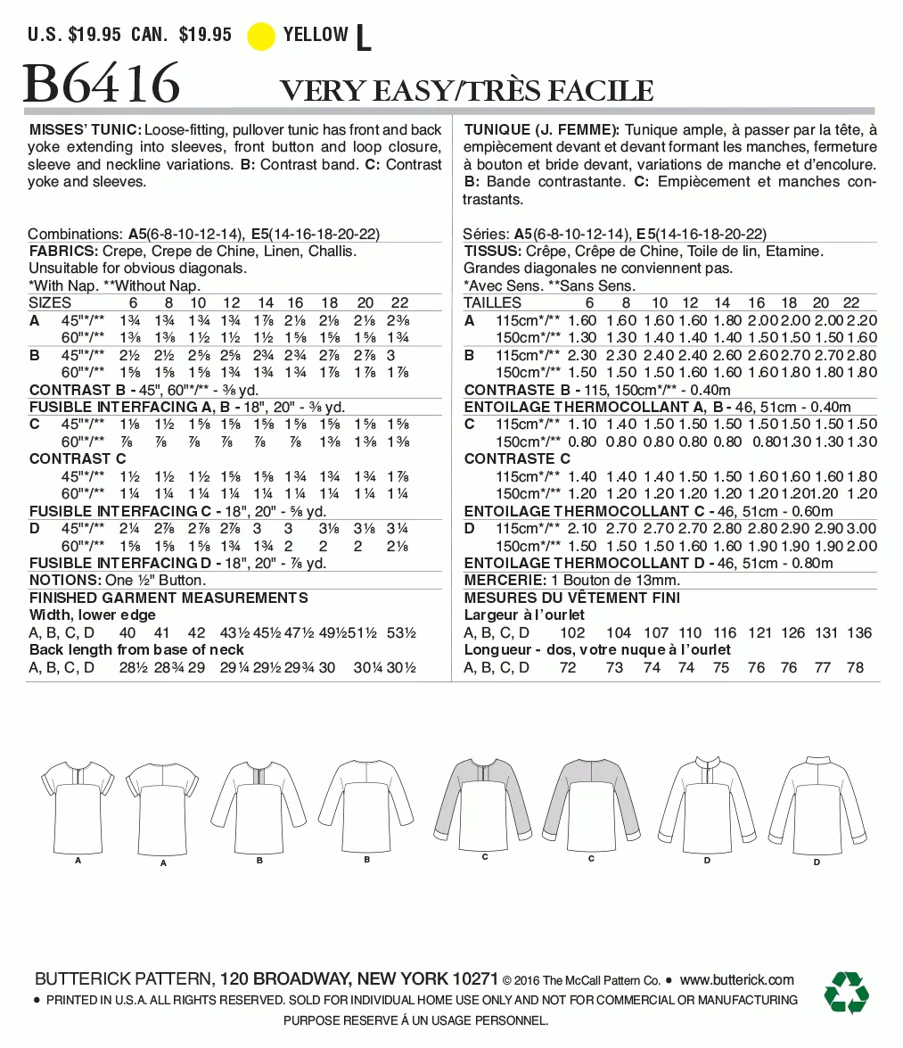 Butterick Pattern B6416 Misses' Button-Closure Tunics with Yokes