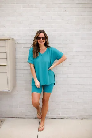 Buttery Soft V-Neck Bike Short Set in Light Teal