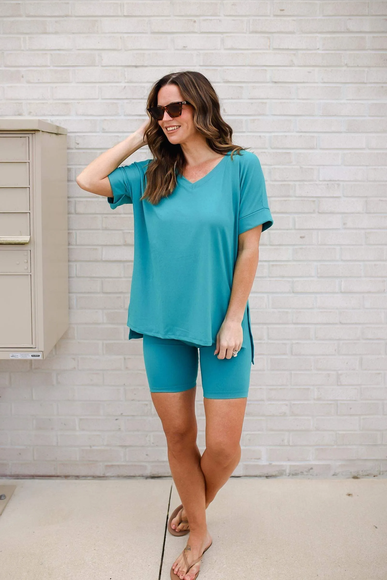 Buttery Soft V-Neck Bike Short Set in Light Teal