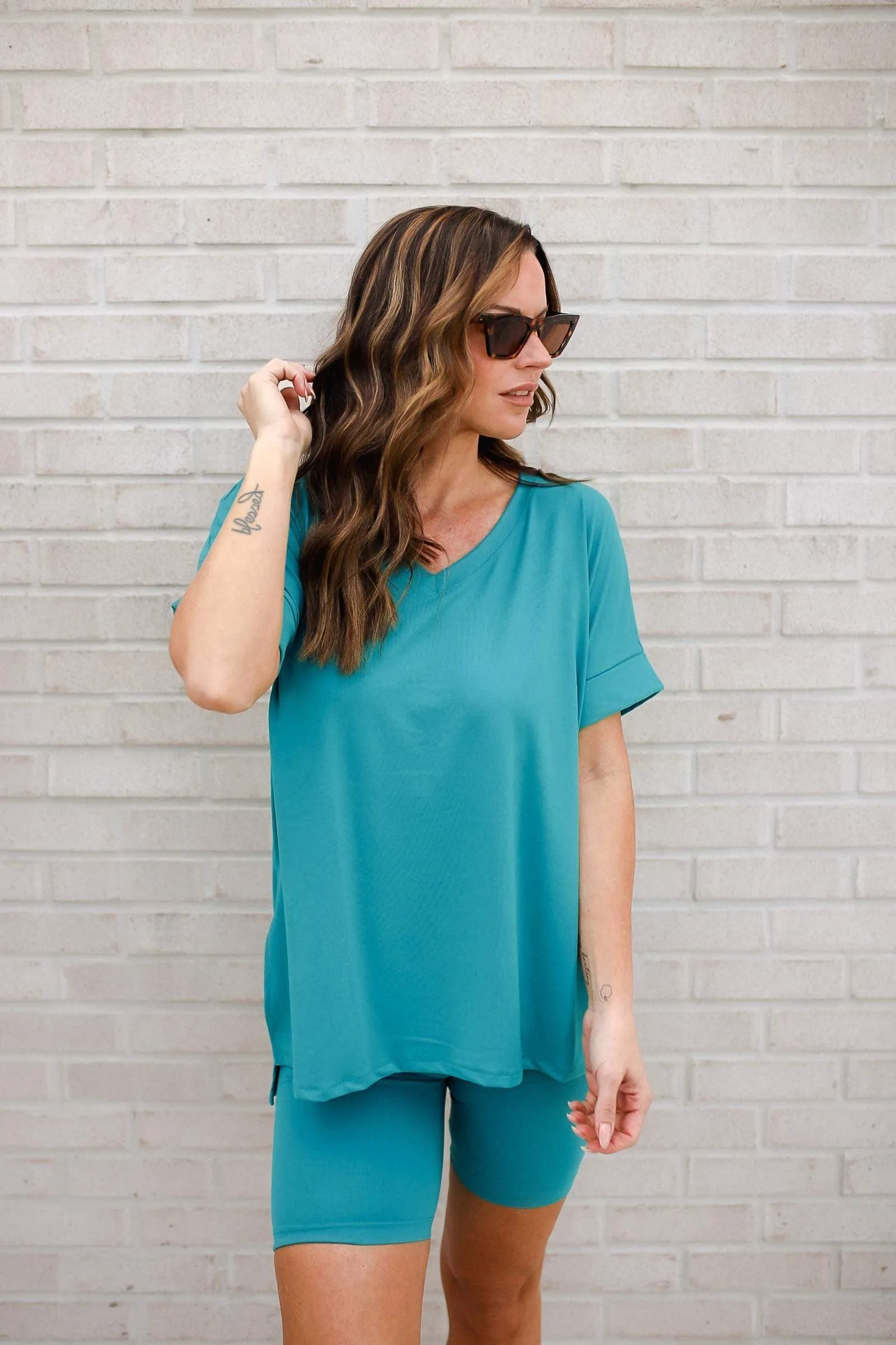 Buttery Soft V-Neck Bike Short Set in Light Teal