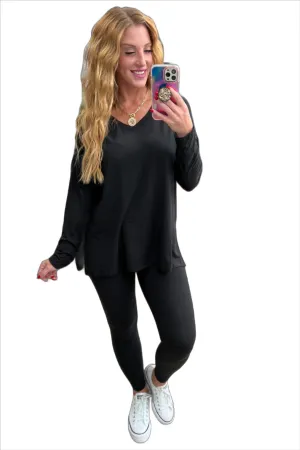 Buttery Soft V-Neck Long Sleeve Loungewear Set in Black