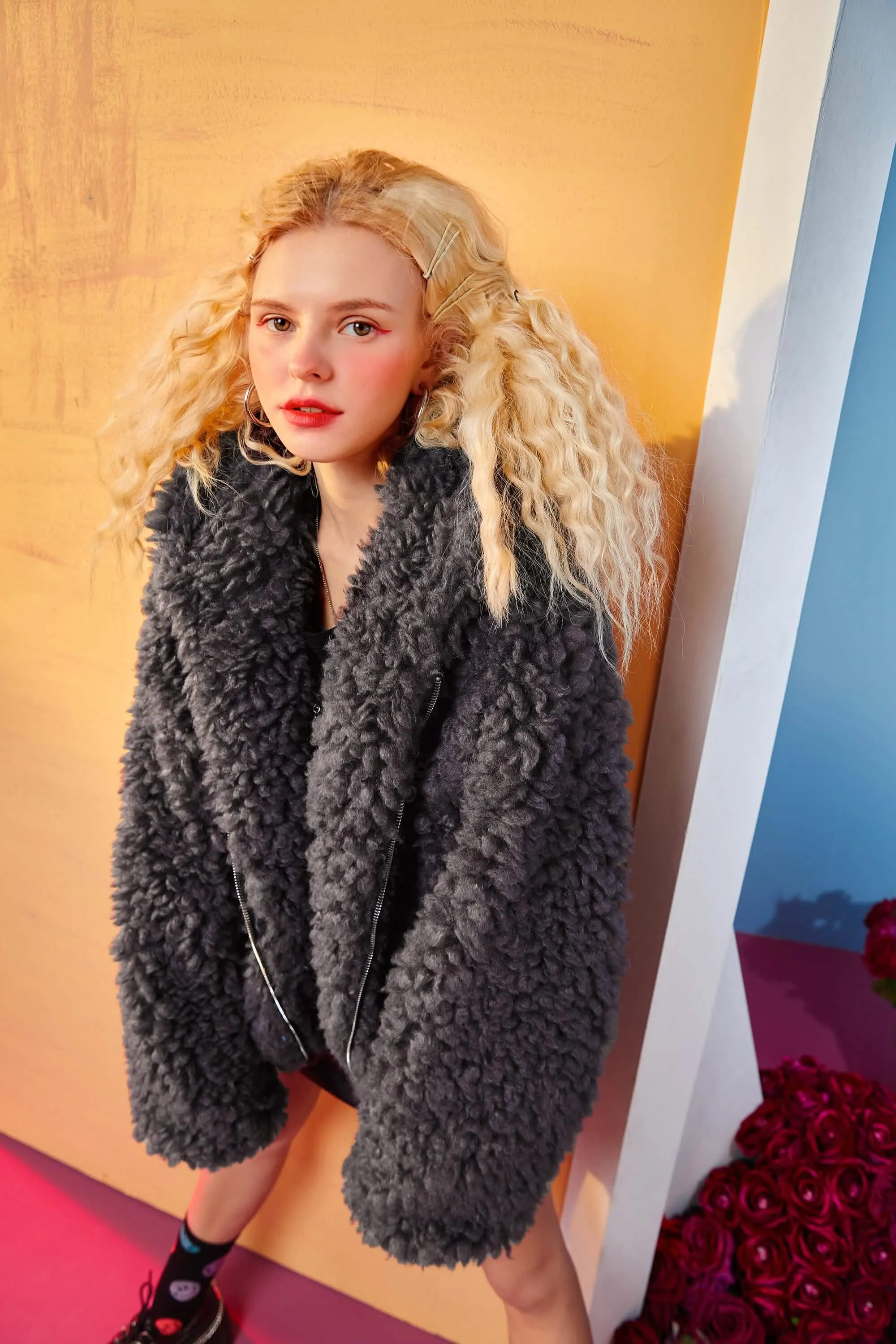 Chic Oversized Hooded Teddy Wool Coat with Zipper for Women