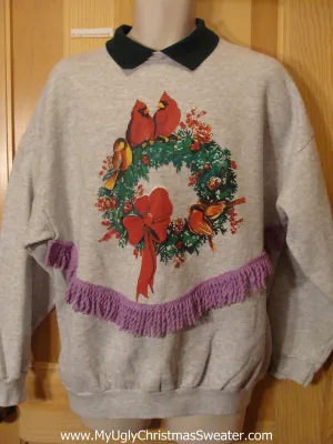 Christmas Sweatshirt Birds and Wreath Purple Fringe