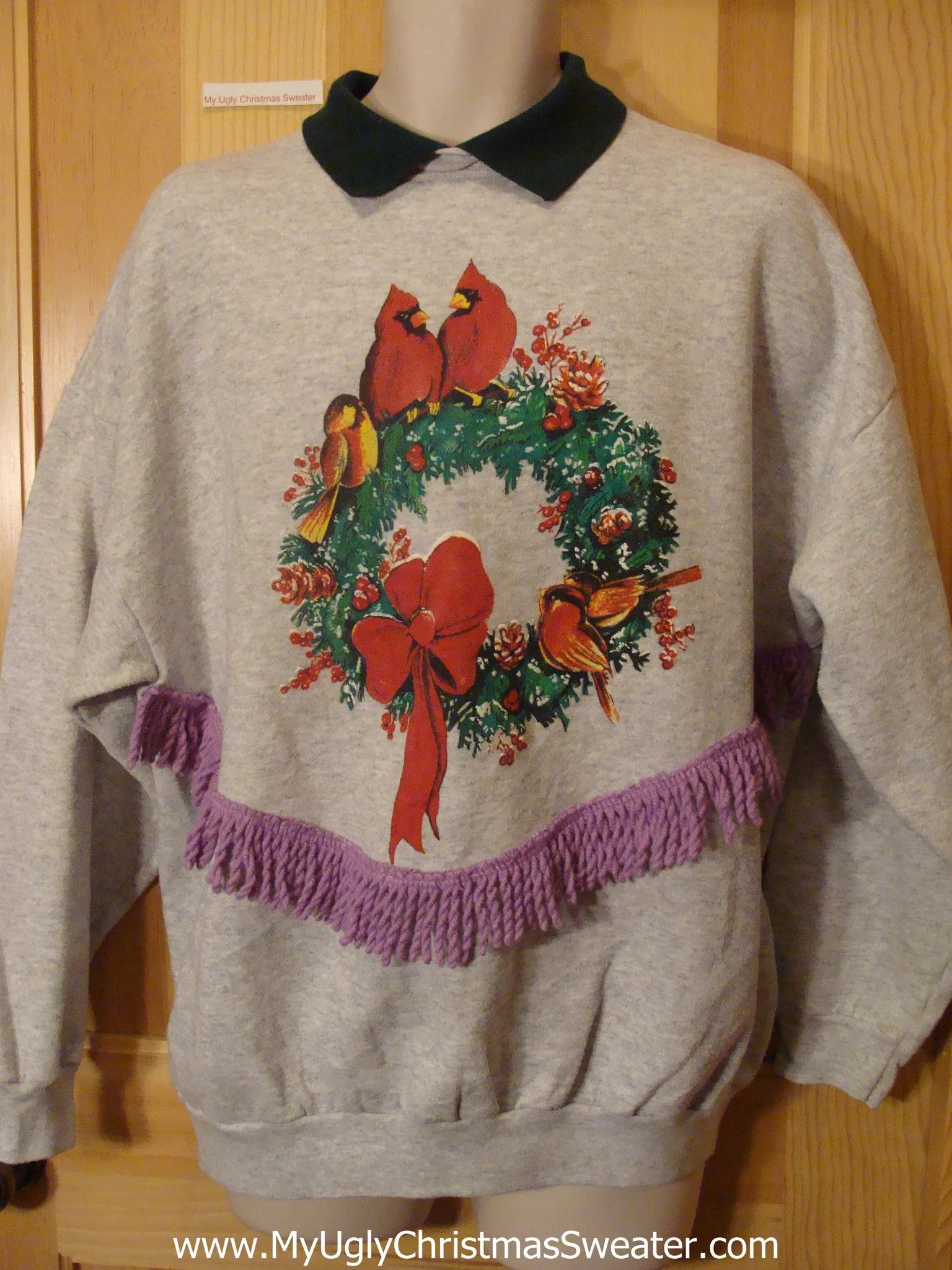 Christmas Sweatshirt Birds and Wreath Purple Fringe