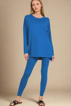 Classic Blue Brushed Microfiber Top and Leggings Lounge Set