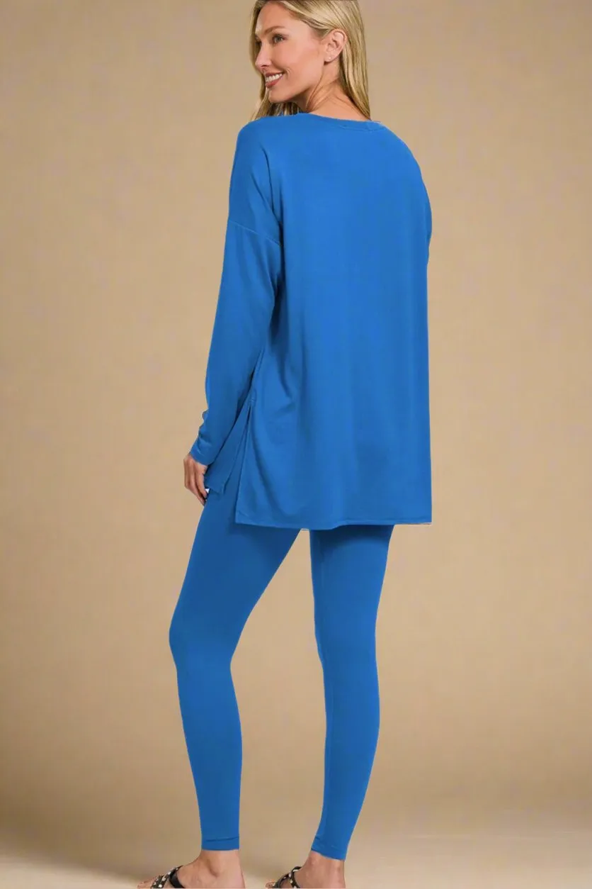 Classic Blue Brushed Microfiber Top and Leggings Lounge Set