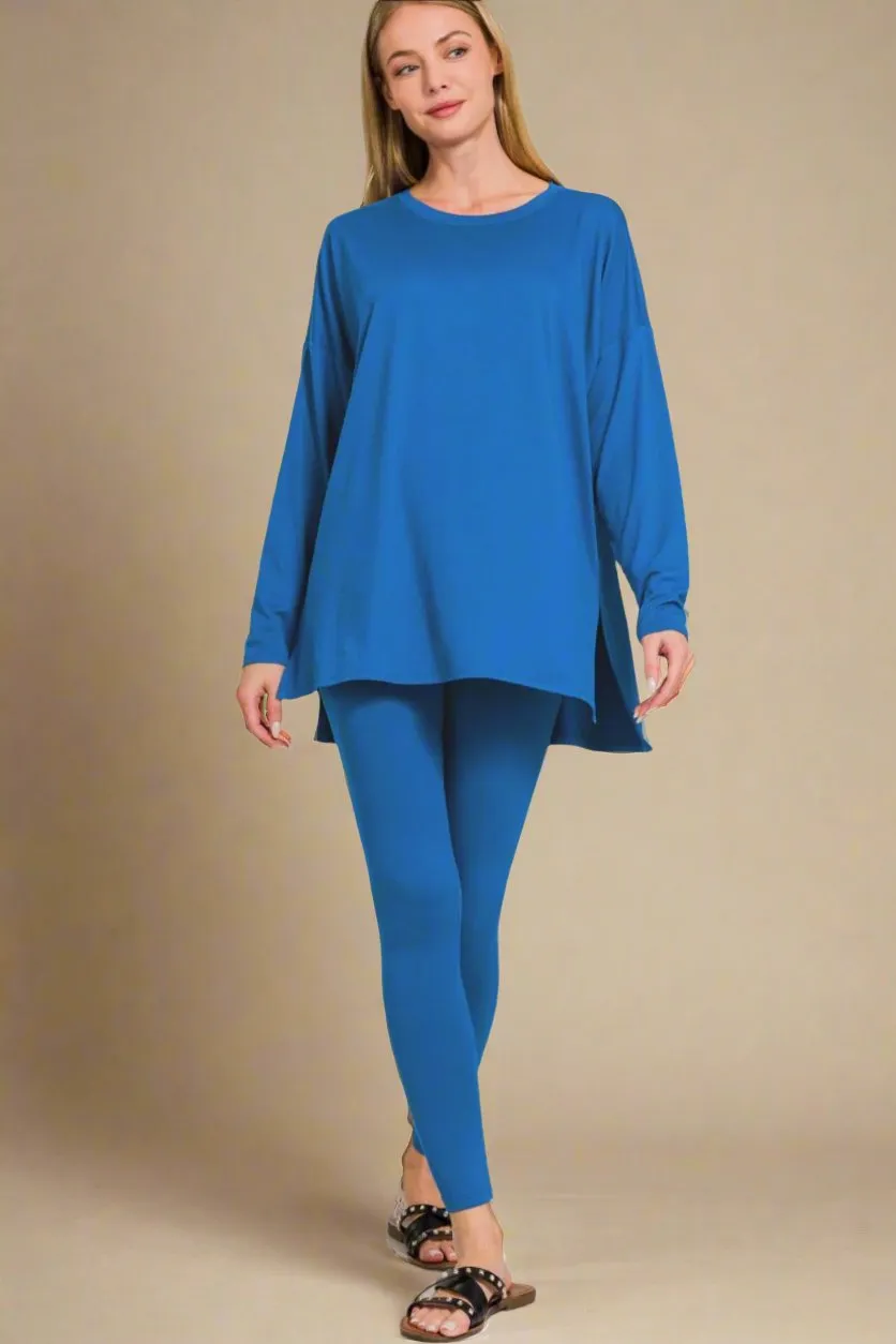 Classic Blue Brushed Microfiber Top and Leggings Lounge Set