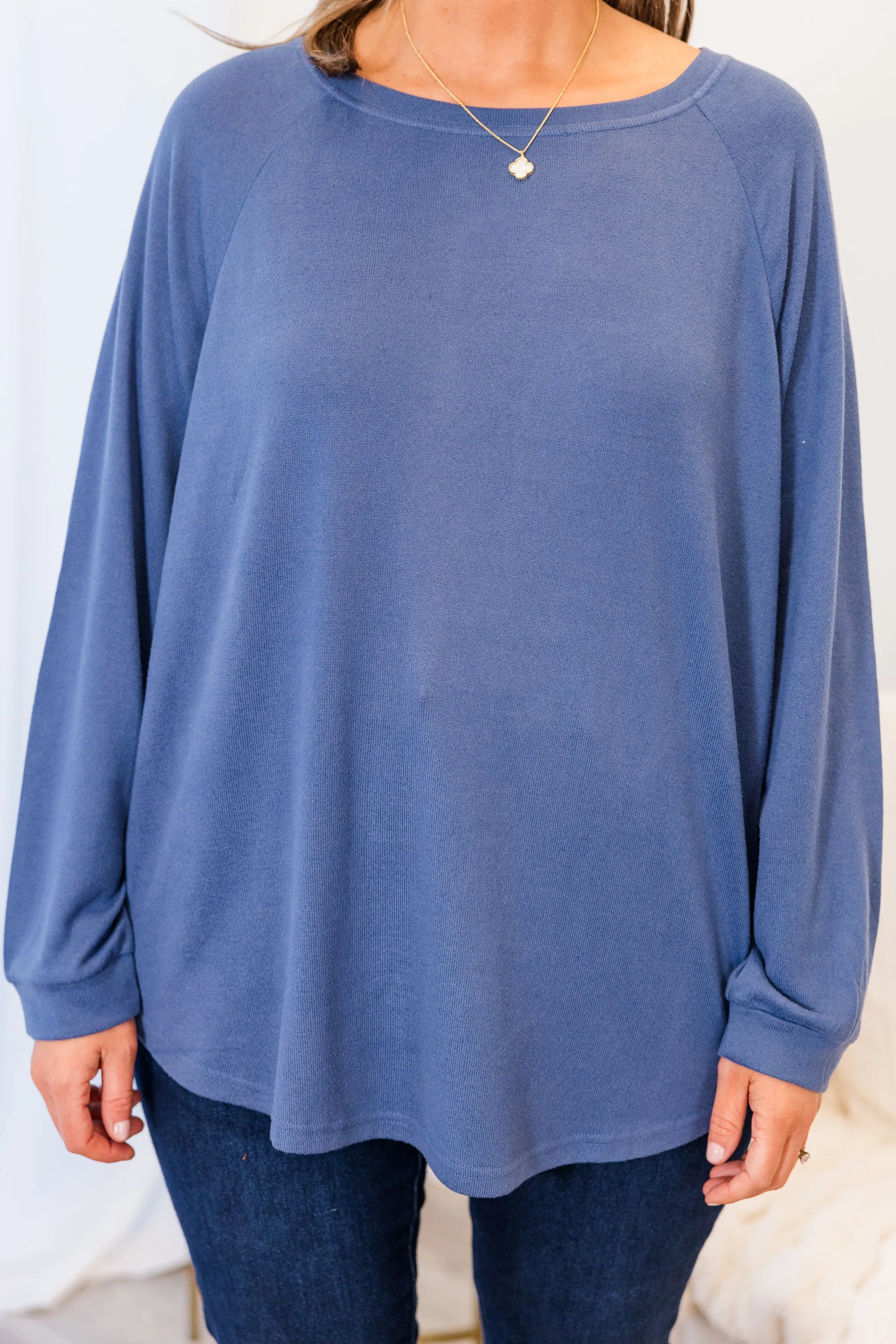 Curved Hem Slouchy Dolman Knitted Tunic, Denim
