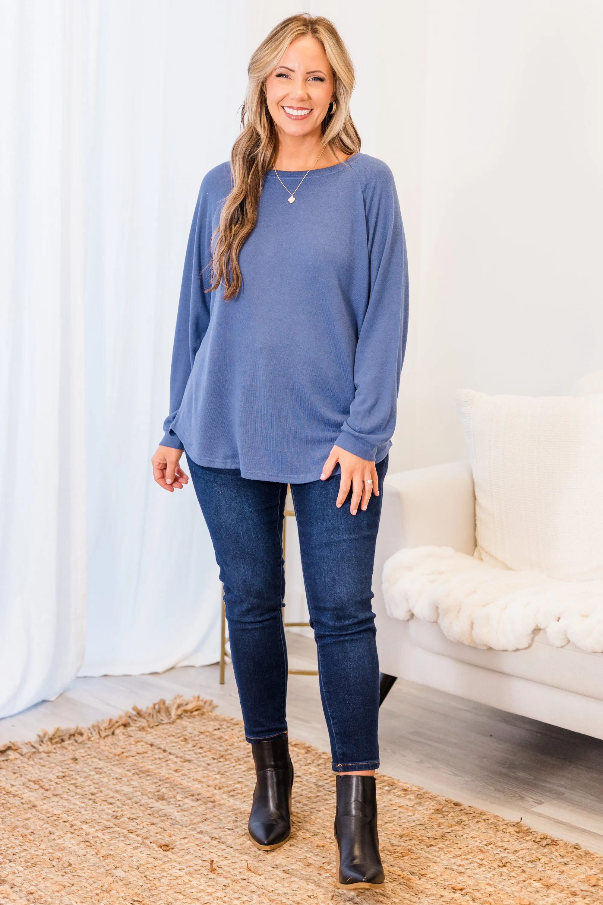 Curved Hem Slouchy Dolman Knitted Tunic, Denim
