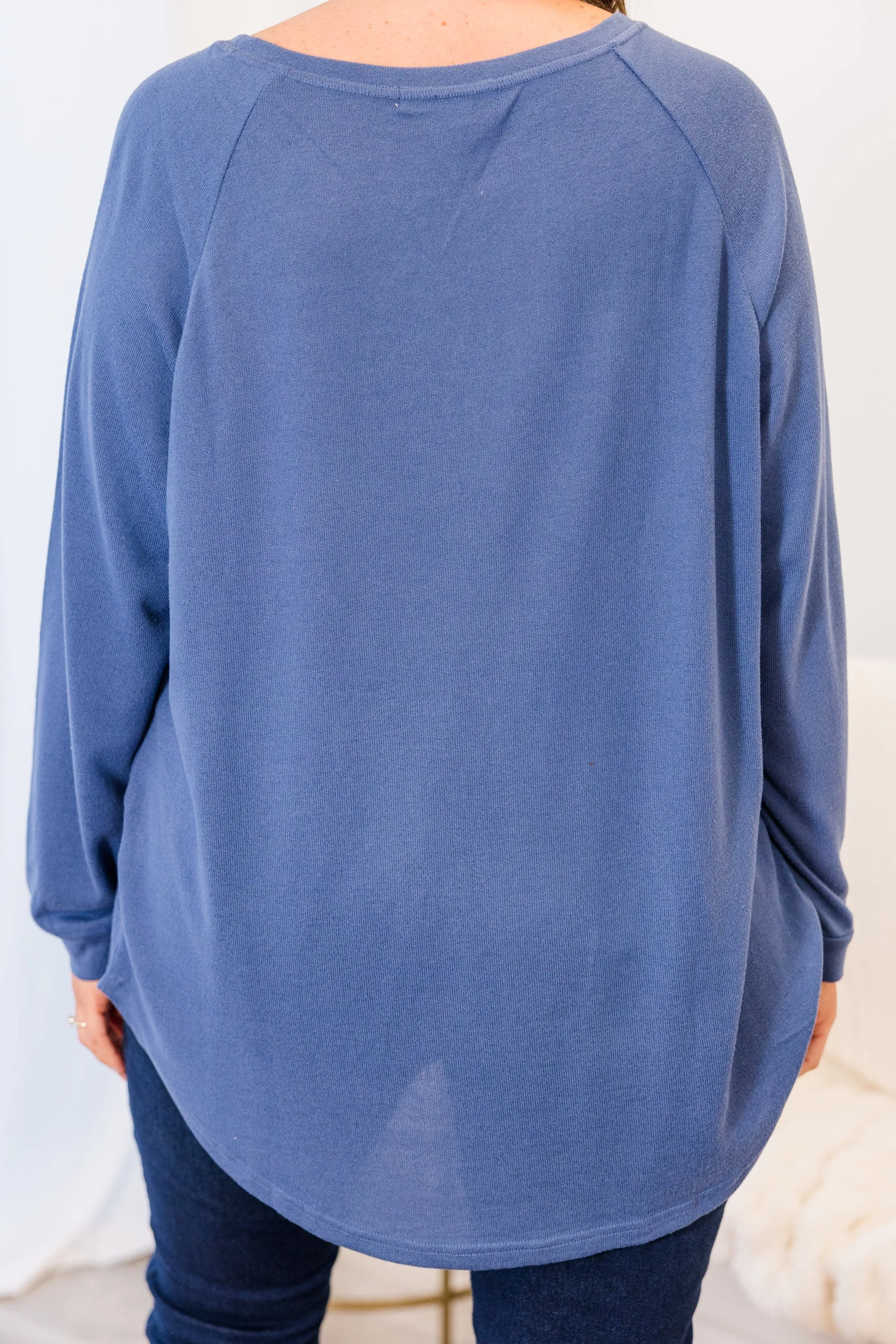 Curved Hem Slouchy Dolman Knitted Tunic, Denim