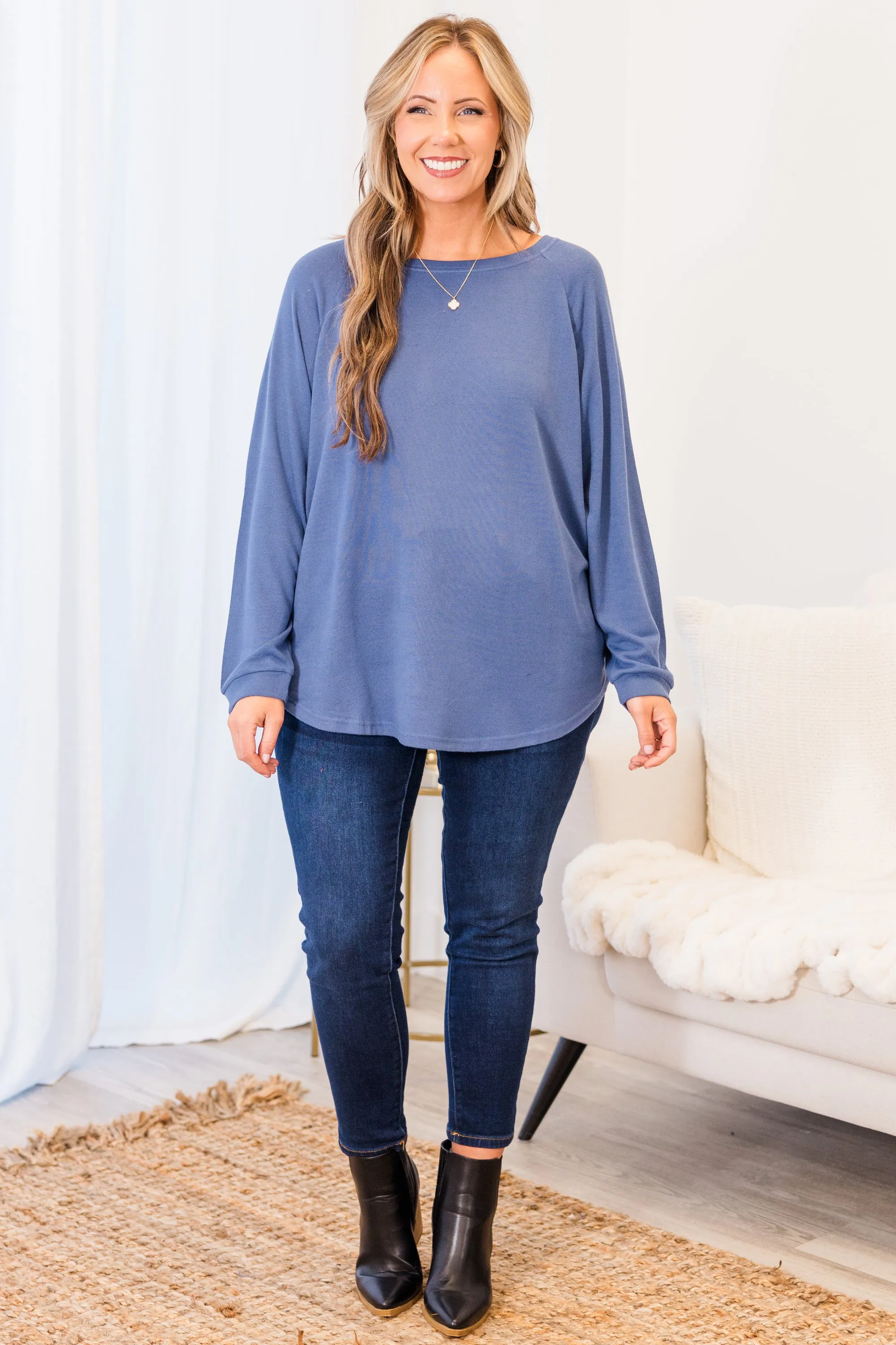 Curved Hem Slouchy Dolman Knitted Tunic, Denim
