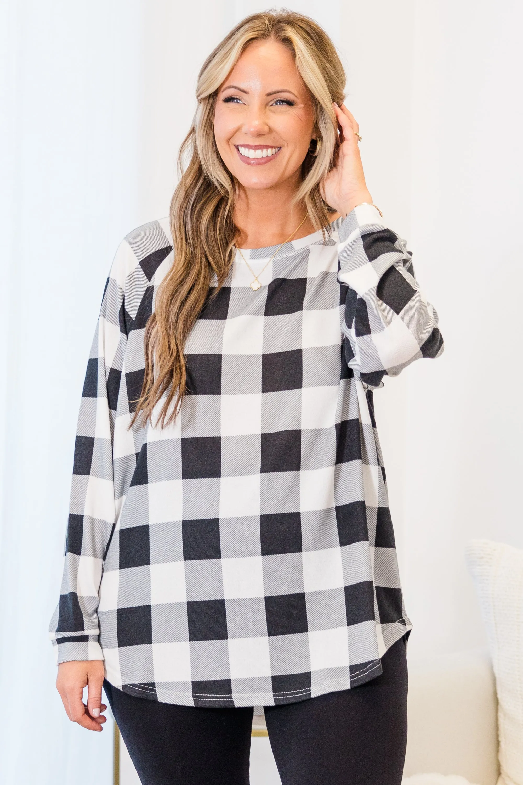 Curved Hem Slouchy Dolman Tunic, White Plaid