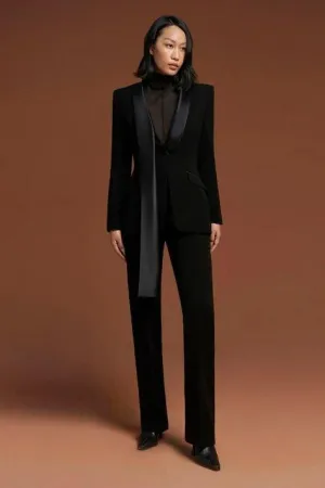 Elegant single breasted satin black blazer- Mia