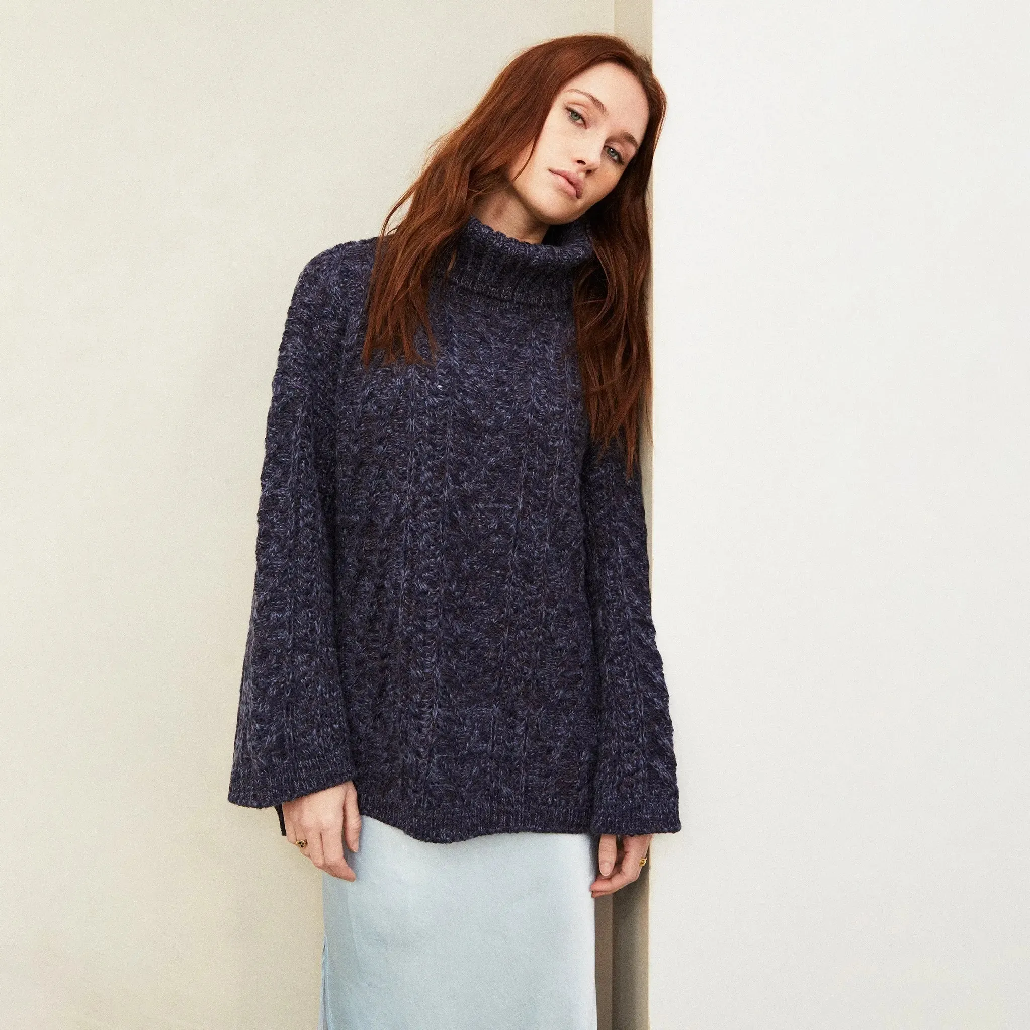 Emily Cable Roll Neck Tunic Jumper - Navy Blue