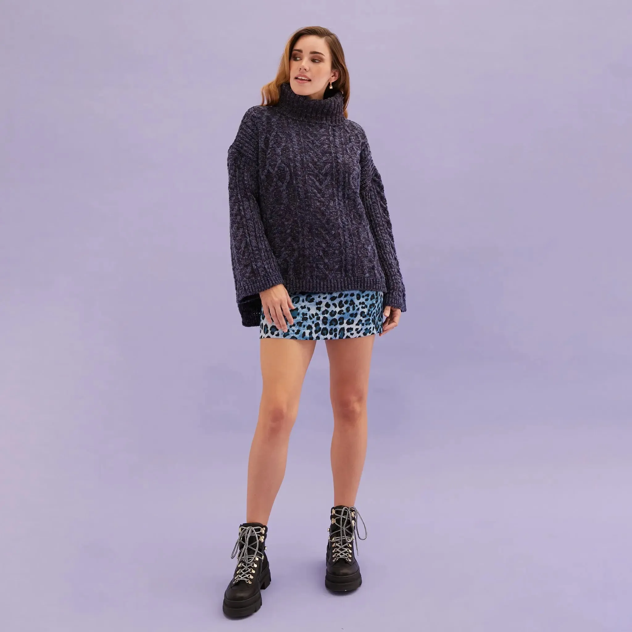 Emily Cable Roll Neck Tunic Jumper - Navy Blue