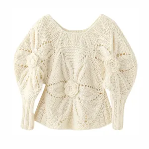 European Style Sweater for Women New High-Grade Hollow Out Flower Crew Neck Puff Sleeve Waist-Tight Pullover Spring C-140