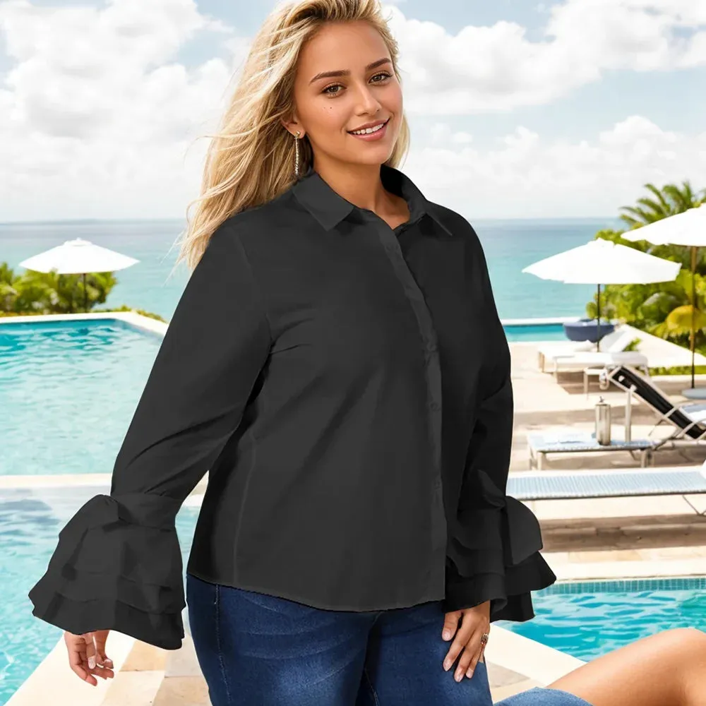 Flytonn-Elegant Office Women Shirt Blouse Fashion Tunic Long Flare Sleeve Tops Casual Turndown Collar Shirts Solid Buttons Party Blusas