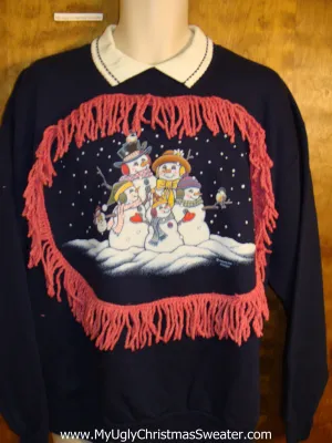 Funny Christmas Sweatshirt with Snowman Family and Fringe