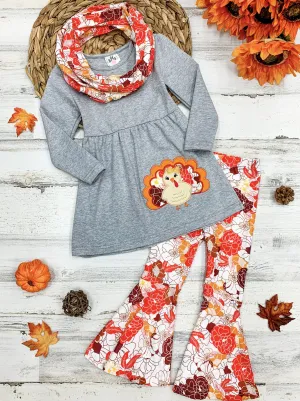 Girls Turkey Applique Tunic, Floral Print Leggings And Matching Scarf Set