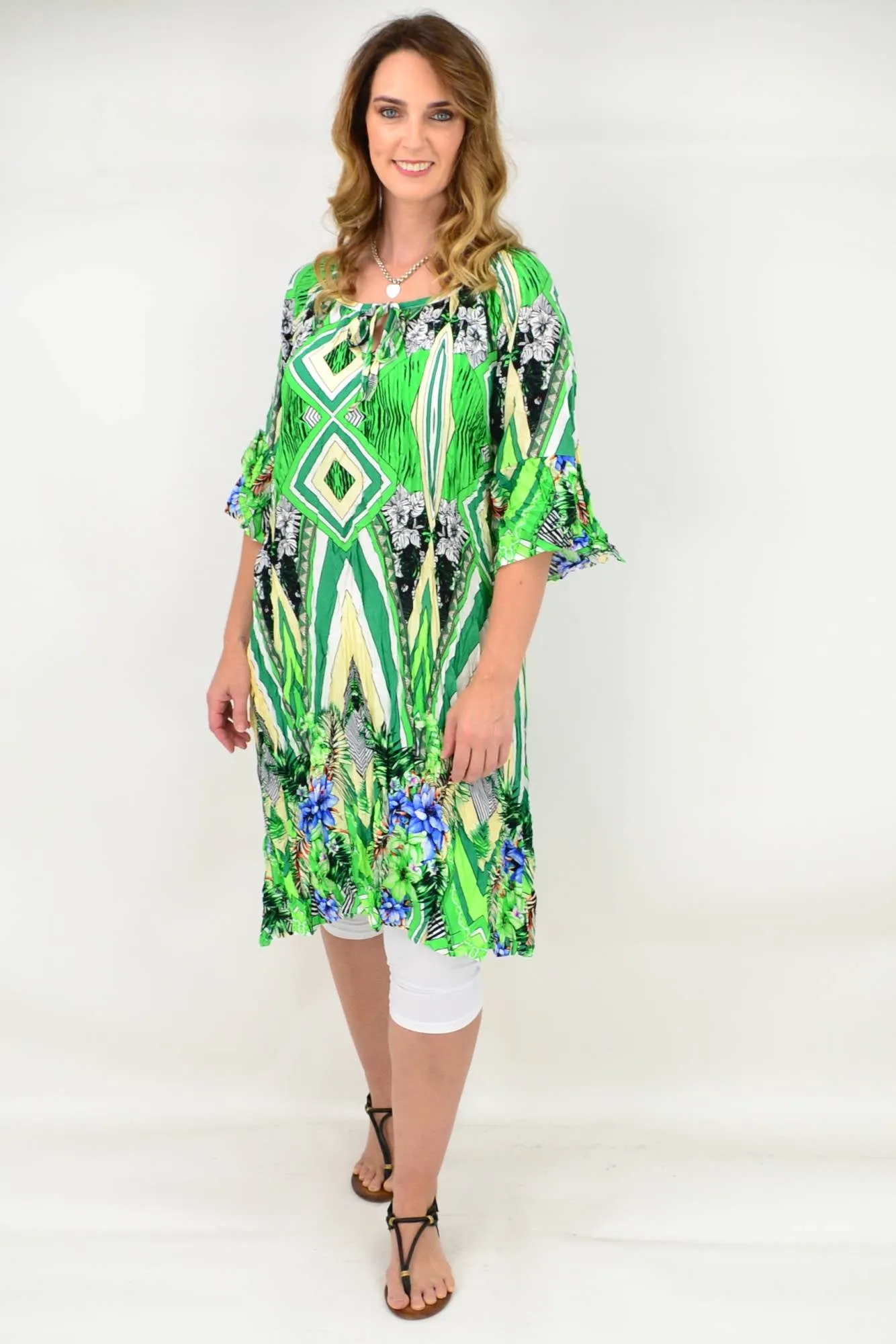 Green Stripe Crinkle Tie Tunic Blouse