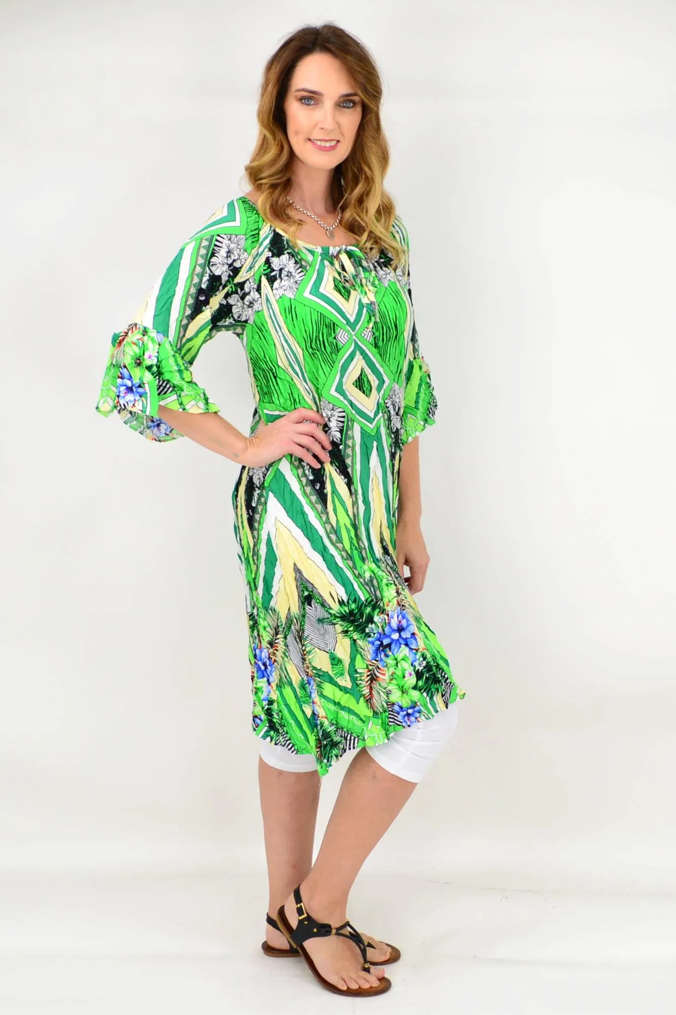 Green Stripe Crinkle Tie Tunic Blouse