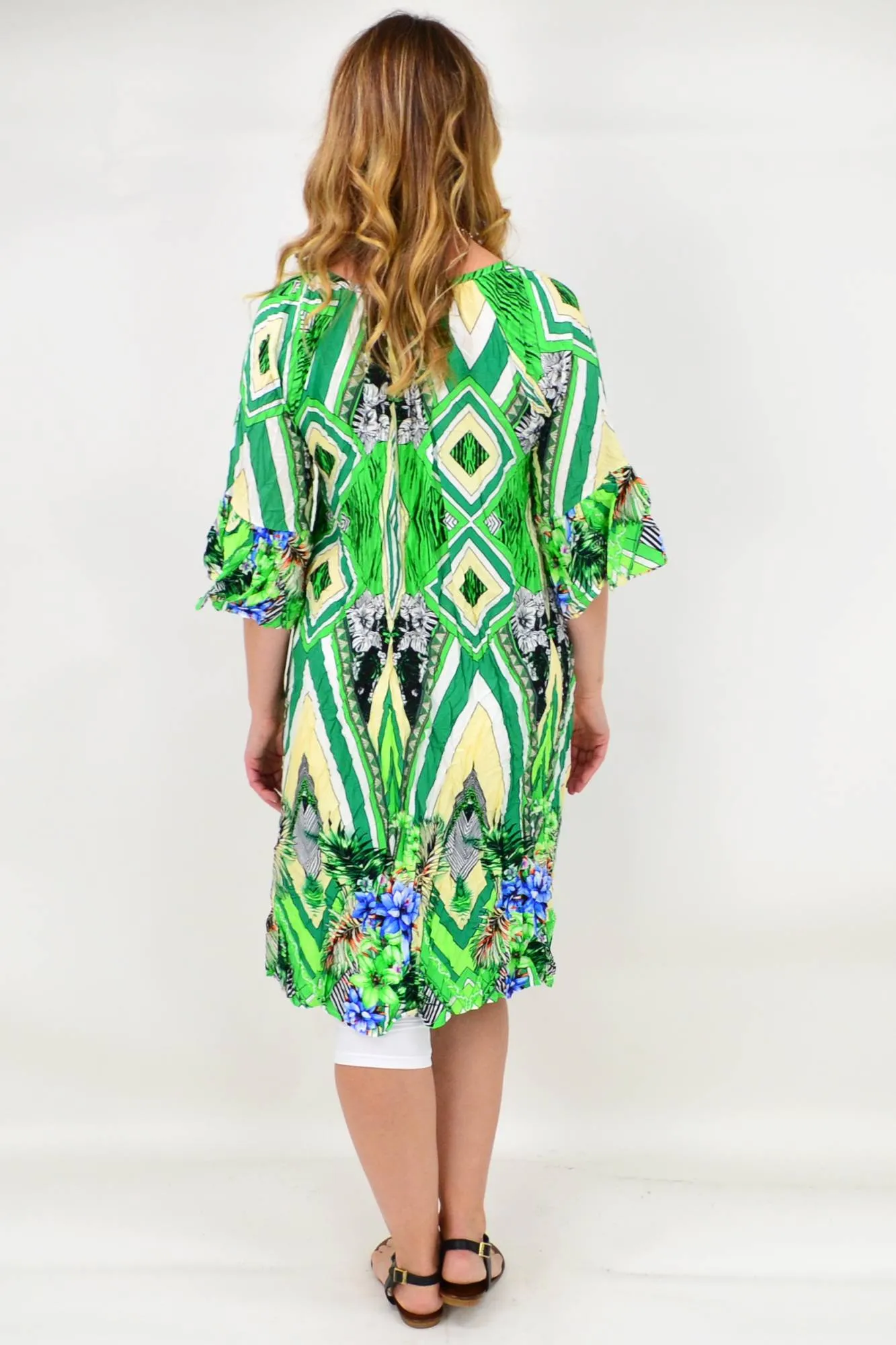Green Stripe Crinkle Tie Tunic Blouse