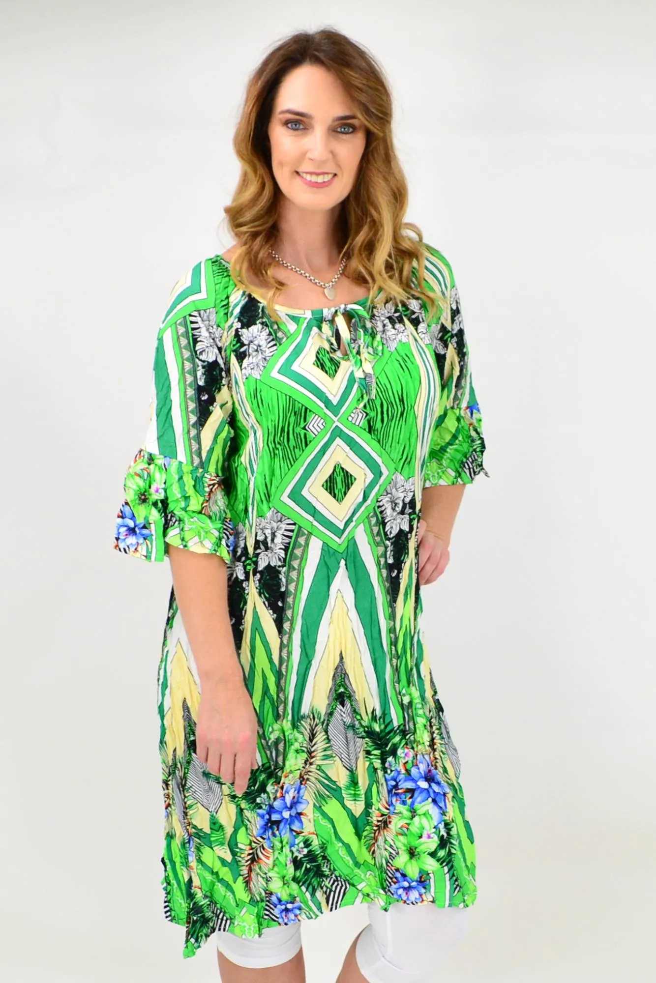 Green Stripe Crinkle Tie Tunic Blouse