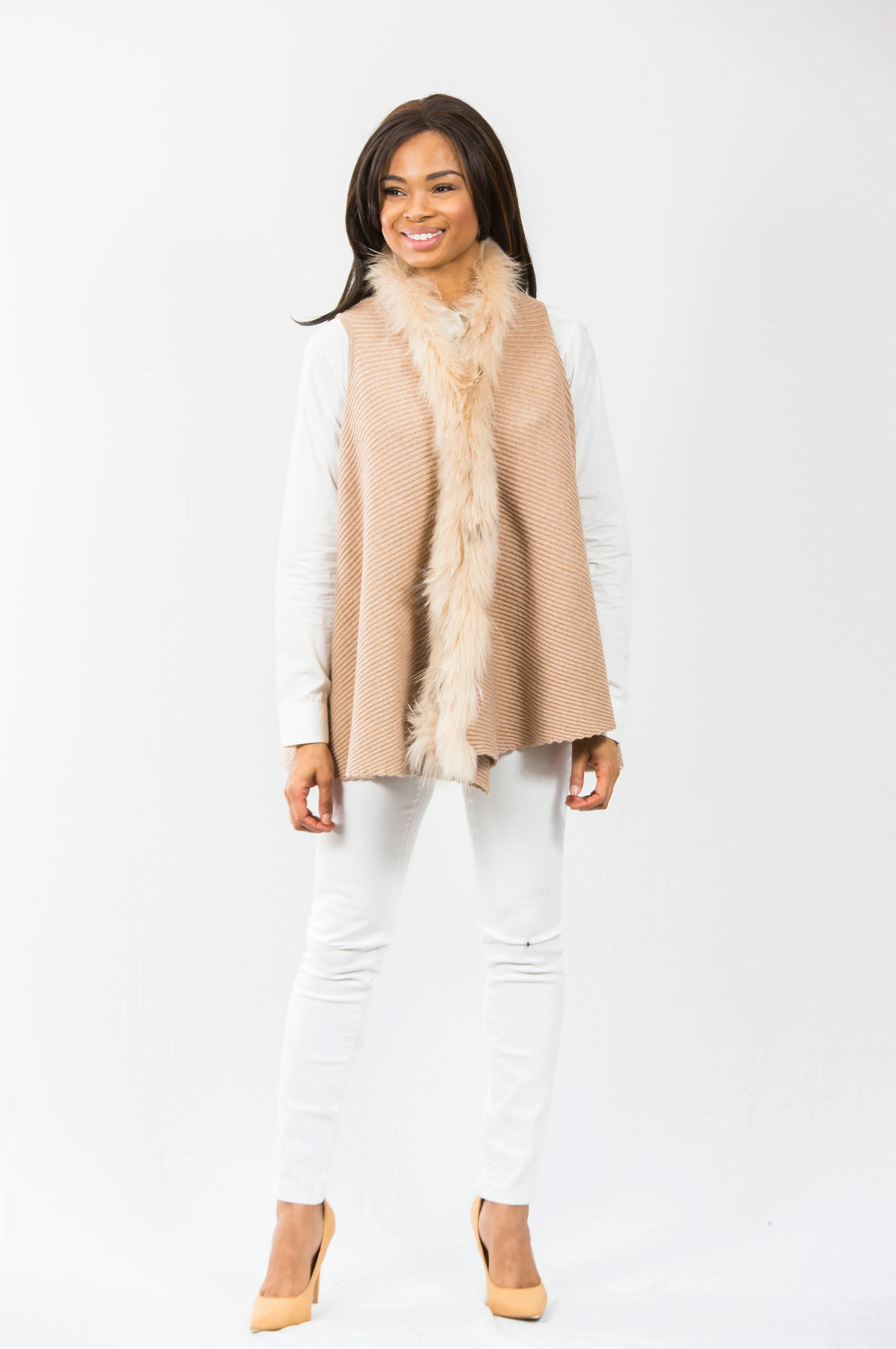 Hope Fur Trim Vest: Tan/Tan Fur