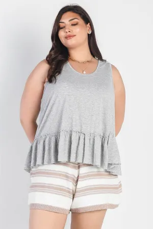 Junior Plus Heather Grey Textured Flare Hem Sleeveless Top /3-2-1