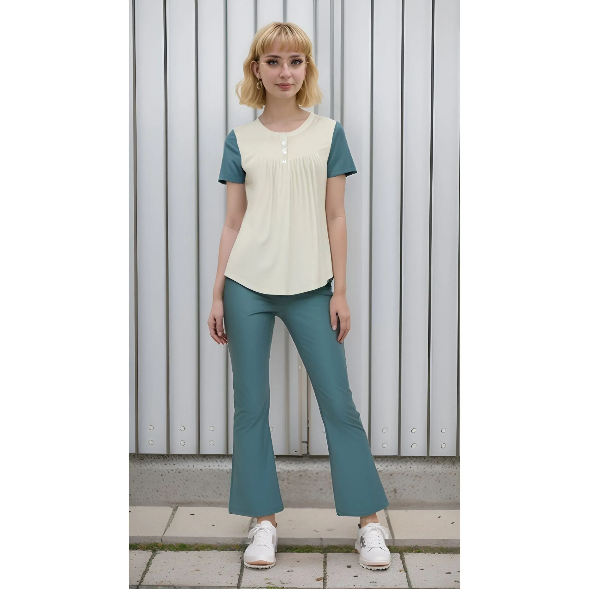 Kalei Two-Tone Scoop Neck Tunic Top with Button Detail