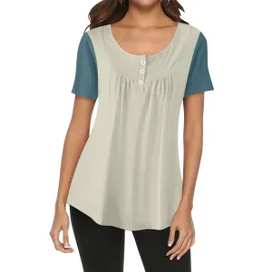 Kalei Two-Tone Scoop Neck Tunic Top with Button Detail